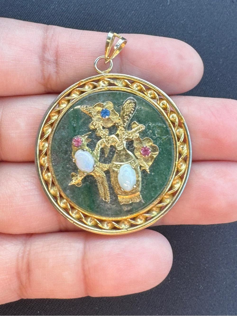 Vintage Chinese Jade opal sapphire gold tone pedant